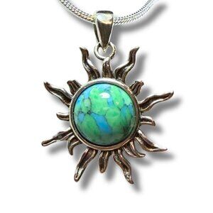 Sterling Silver Turquoise Sun Pendant – .925 – Boho Celestial Necklace
